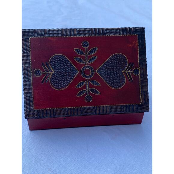 Handmade Polish Folk Art Wooden Trinket Box 3.5 x 5 in. Red Brown Heart Leaf EUC - Picture 6 of 14
